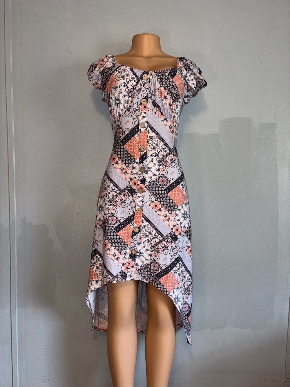 No Boundaries Peach Floral Patchwork Puff-Sleeve High-Low Dress